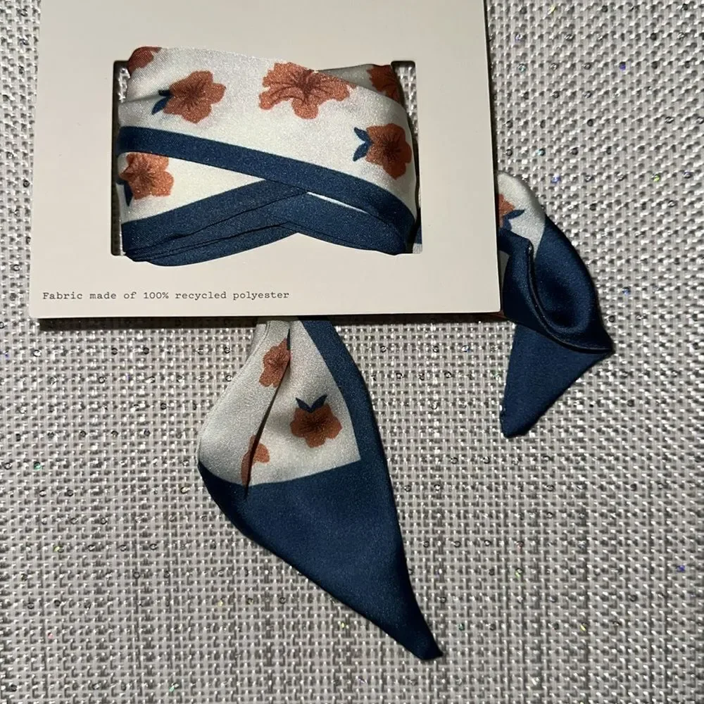 a new day White Blue Coral Hibiscus Floral Skinny Head Neck Purse Scarf